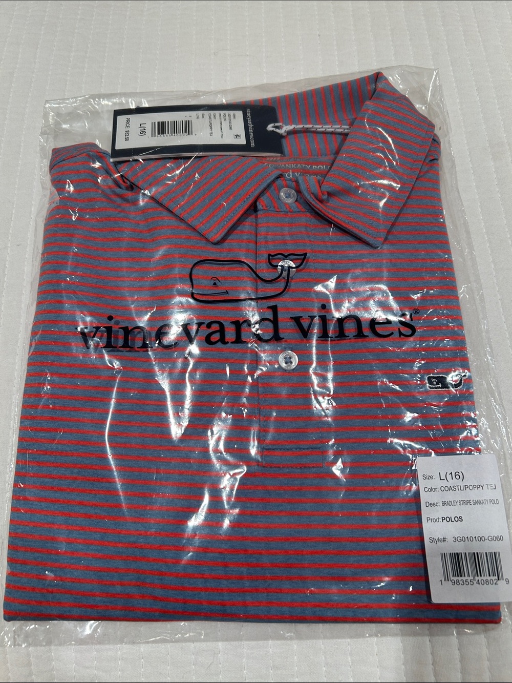 Boys Vineyard Vines Sankaty Striped Polo in Coral & Blue size L / 16